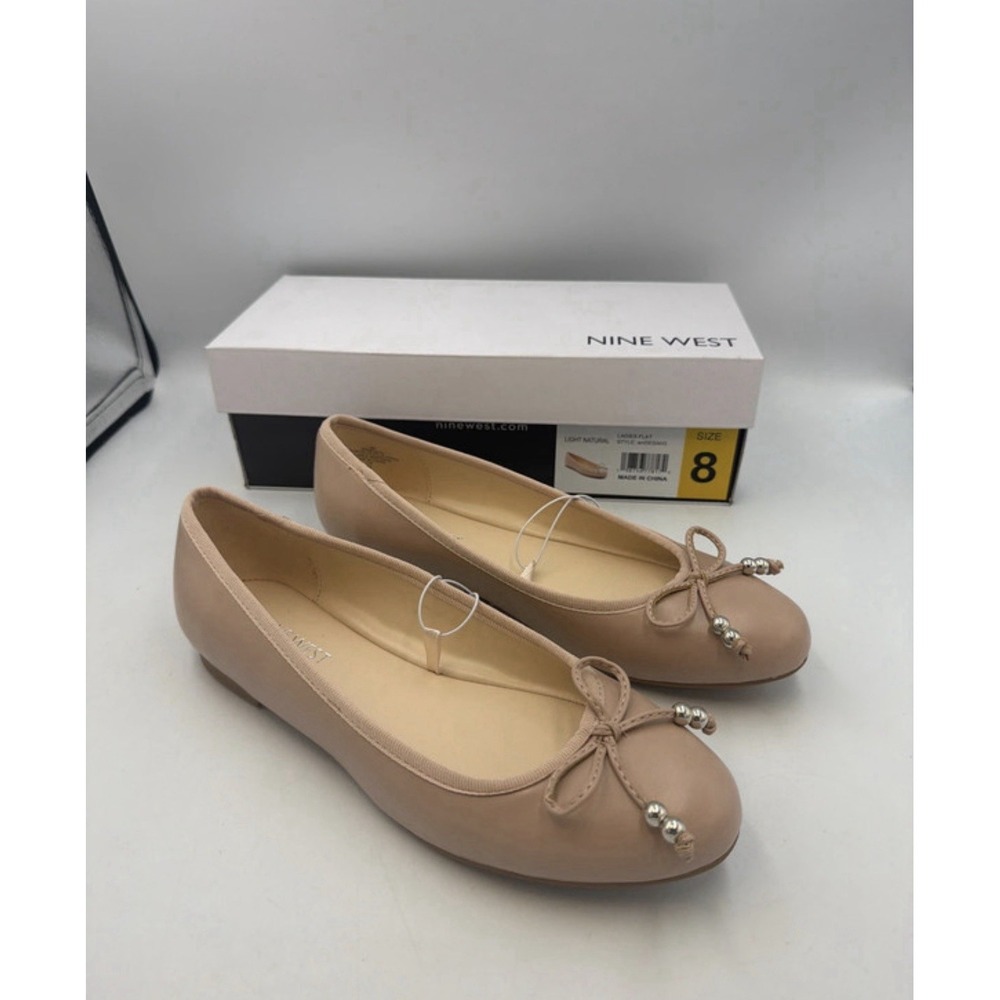 Nine West Women's Size 8 M Light Natural Ballet Flats Bow Beaded Round Toe NIB